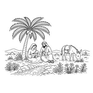 May include: A black and white line art illustration depicting a family scene with two adults sitting under a palm tree, one holding an infant. A donkey stands nearby grazing on grass. The landscape includes a small stream, flowers, and distant hills.