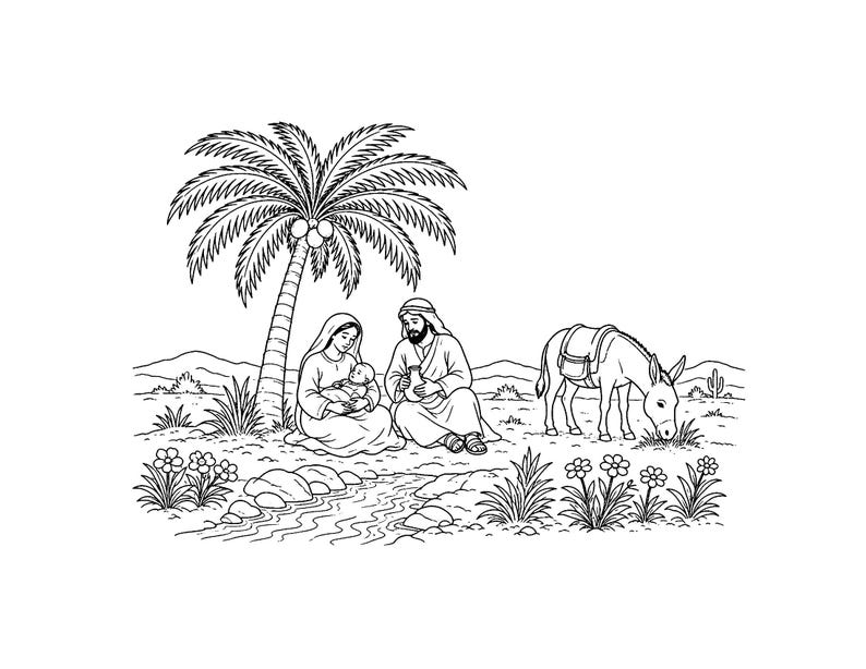 May include: A black and white line art illustration depicting a family scene with two adults sitting under a palm tree, one holding an infant. A donkey stands nearby grazing on grass. The landscape includes a small stream, flowers, and distant hills.