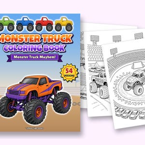 Monster Truck Mayhem! Monster Truck Coloring Pages, 54 Bold Designs for Kids 6+ & Adults, Party Pack, Printable PDF, Instant Download imagen 2