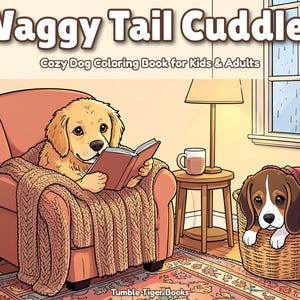 Waggy Tail Cuddles / Libro para colorear de perros y cachorros para niños y adultos, llamativo y fácil, PDF imprimible, descarga instantánea imagen 1