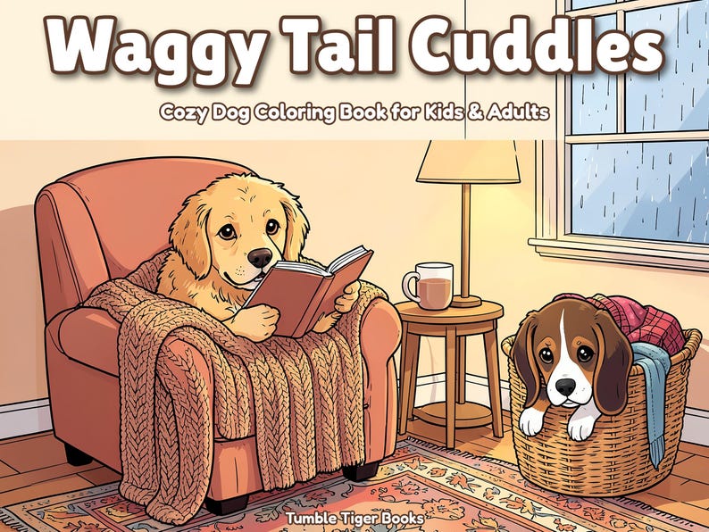 Waggy Tail Cuddles / Libro para colorear de perros y cachorros para niños y adultos, llamativo y fácil, PDF imprimible, descarga instantánea imagen 1