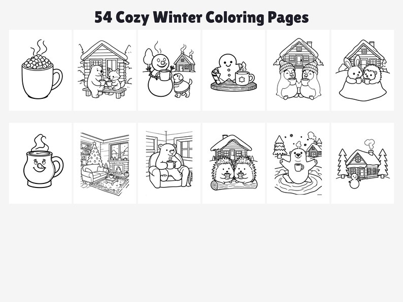 Cozy Cabin Mini Pack, 12 Hot Cocoa Winter Coloring Pages, Printable PDF for Kids and Adults, Instant Download image 2