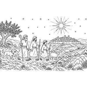 May include: A black and white line art illustration depicting three figures walking along a path toward a walled city under a large star. The scene includes a dog, a sheep, an olive tree, and rocky terrain, all rendered in a detailed, clean style.