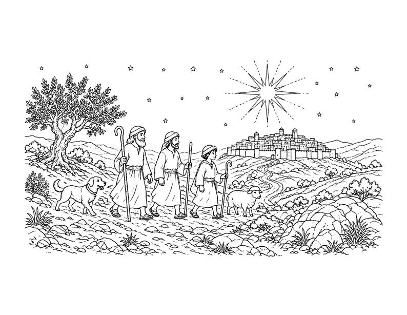 May include: A black and white line art illustration depicting three figures walking along a path toward a walled city under a large star. The scene includes a dog, a sheep, an olive tree, and rocky terrain, all rendered in a detailed, clean style.