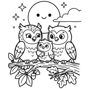 May include: A black and white line art illustration featuring a family of three owls perched on an oak branch. A large smiling moon, stars, and a cloud are in the background. The owls have large eyes and detailed feather patterns.