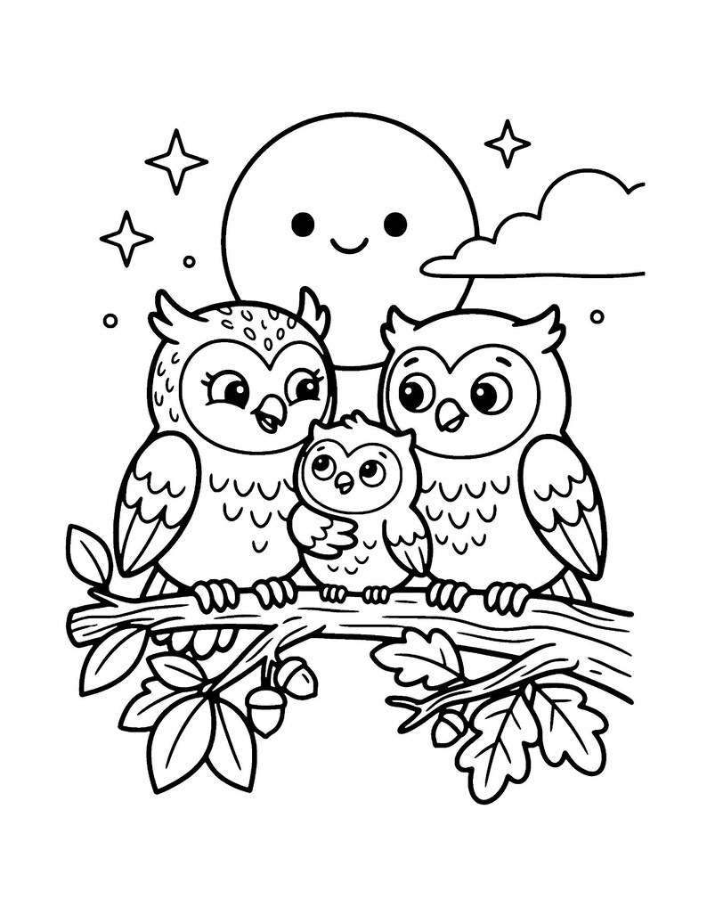 May include: A black and white line art illustration featuring a family of three owls perched on an oak branch. A large smiling moon, stars, and a cloud are in the background. The owls have large eyes and detailed feather patterns.