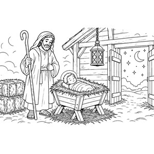 May include: A black and white line art illustration of a nativity scene featuring a bearded figure holding a wooden staff, standing beside a manger containing a swaddled infant. A stable structure with an open door reveals a night sky.