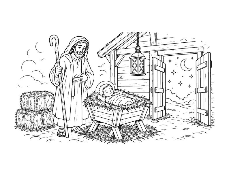 May include: A black and white line art illustration of a nativity scene featuring a bearded figure holding a wooden staff, standing beside a manger containing a swaddled infant. A stable structure with an open door reveals a night sky.