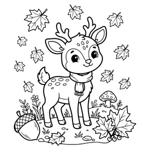 May include: A black and white line art coloring page featuring a young deer with antlers wearing a scarf, surrounded by falling maple leaves, a mushroom, an acorn, and small flowers on a grassy patch of ground.