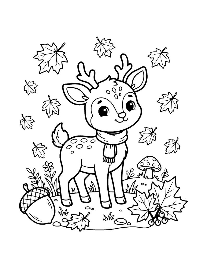 May include: A black and white line art coloring page featuring a young deer with antlers wearing a scarf, surrounded by falling maple leaves, a mushroom, an acorn, and small flowers on a grassy patch of ground.