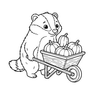 May include: A black and white line art illustration of a badger pushing a wooden wheelbarrow filled with four pumpkins. The badger has a striped face and a bushy tail, while the wheelbarrow features a single wheel and wood grain details.