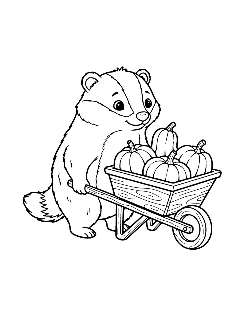 May include: A black and white line art illustration of a badger pushing a wooden wheelbarrow filled with four pumpkins. The badger has a striped face and a bushy tail, while the wheelbarrow features a single wheel and wood grain details.