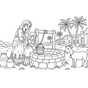 May include: A black and white line art illustration showing a person and a child drawing water from a stone well with a bucket. Two clay jugs sit nearby, and a goat stands to the right. Palm trees and buildings are in the background.