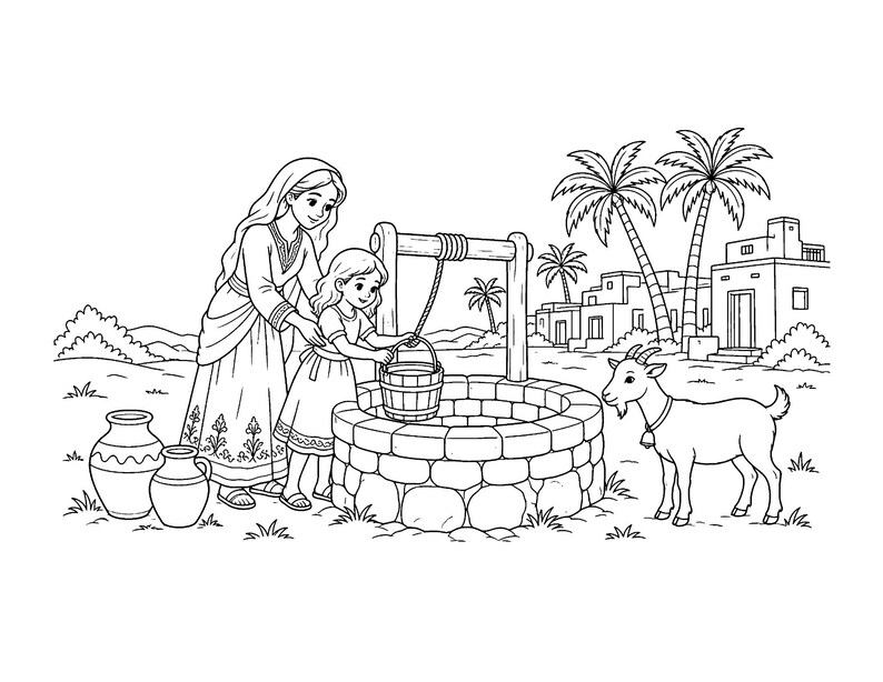 May include: A black and white line art illustration showing a person and a child drawing water from a stone well with a bucket. Two clay jugs sit nearby, and a goat stands to the right. Palm trees and buildings are in the background.