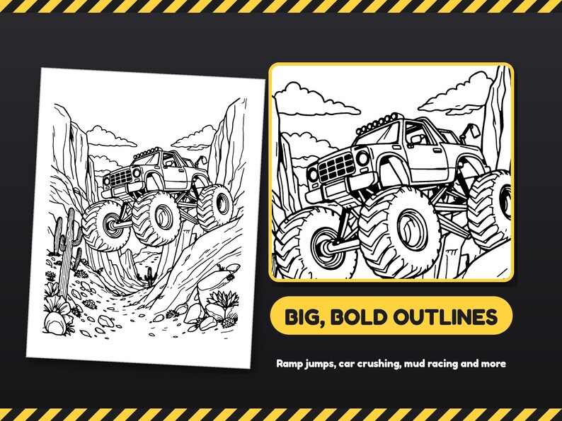 Monster Truck Mayhem! Monster Truck Coloring Pages, 54 Bold Designs for Kids 6+ & Adults, Party Pack, Printable PDF, Instant Download imagen 5