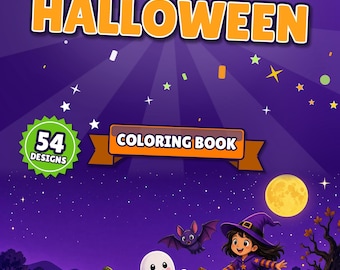 Libro da colorare di Halloween stampabile in PDF, 54 simpatiche pagine da colorare con zucche, fantasmi, streghe e gatti neri per bambini e adulti, download immediato.