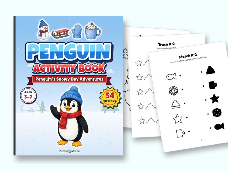 Penguin Activity Book Printable, 54 Designs | Winter Snow Coloring Pages and Activities for Kids & Adults, Ages 3-7, Printable PDF image 2