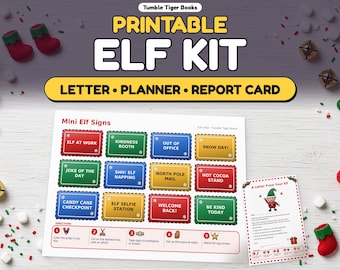 Kit stampabile per l'elfo di Natale, agenda di 24 giorni con idee per l'elfo, lettera di arrivo, oggetti di scena e cartelli, pagella, PDF stampabile.