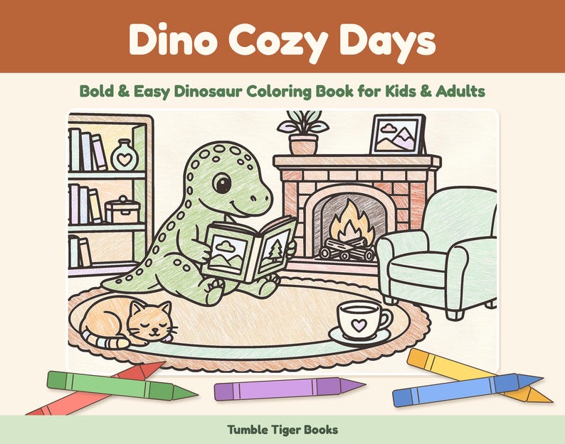 Dino Cozy Days: Dinosaur Coloring Book Printable PDF, Bold Easy Cute Dino Coloring Pages for Kids & Adults, Instant Download image 1