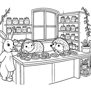 Puede incluir: Una p&aacute;gina para colorear en blanco y negro con un conejo y dos erizos en una cocina. El conejo lleva un delantal y decora galletas sobre una mesa. Estantes llenos de frascos bordean las paredes y hay plantas en macetas cerca.