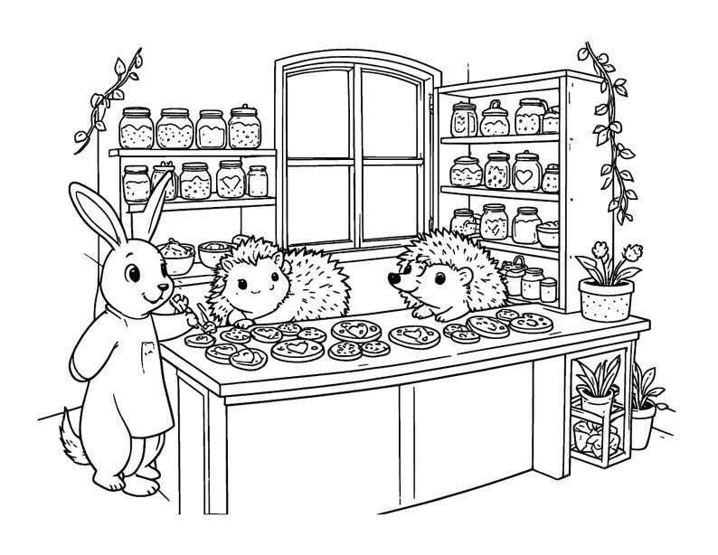 Puede incluir: Una p&aacute;gina para colorear en blanco y negro con un conejo y dos erizos en una cocina. El conejo lleva un delantal y decora galletas sobre una mesa. Estantes llenos de frascos bordean las paredes y hay plantas en macetas cerca.