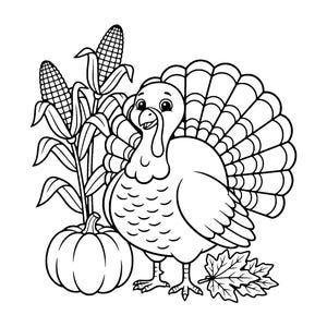 May include: A black and white line art illustration of a turkey standing next to a pumpkin, two stalks of corn, and a maple leaf. The turkey has a fanned tail, a wattle, and a smiling expression. The corn stalks show detailed kernels.