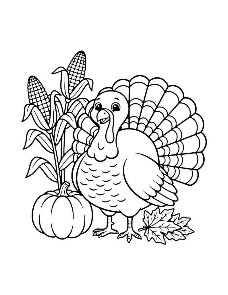 May include: A black and white line art illustration of a turkey standing next to a pumpkin, two stalks of corn, and a maple leaf. The turkey has a fanned tail, a wattle, and a smiling expression. The corn stalks show detailed kernels.