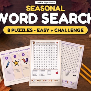 Seasonal Word Search Printable, Halloween, Fall, Thanksgiving and Christmas Word Find Puzzles, Easy and Challenge, Answer Keys, A4 Letter