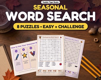Printbare woordzoekpuzzels met seizoensgebonden thema's: Halloween, herfst, Thanksgiving en kerst. Makkelijke en uitdagende puzzels, inclusief antwoorden. A4-formaat.