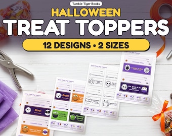 Etichette stampabili per sacchetti di dolcetti di Halloween, 12 design pieghevoli, 2 misure, da colorare, etichette per bomboniere, cartellini per sacchetti di dolcetto o scherzetto.