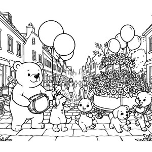 Puede incluir: Una ilustraci&oacute;n en blanco y negro para colorear que muestra a un oso tocando un tambor, un conejo y dos perros caminando por una calle empedrada. La escena incluye un carrito de flores, globos flotantes y edificios a ambos lados.