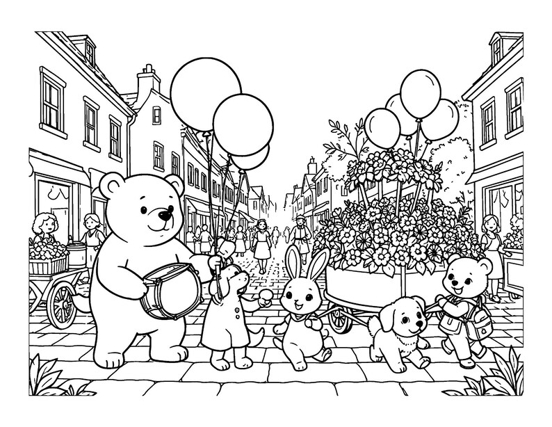 Puede incluir: Una ilustraci&oacute;n en blanco y negro para colorear que muestra a un oso tocando un tambor, un conejo y dos perros caminando por una calle empedrada. La escena incluye un carrito de flores, globos flotantes y edificios a ambos lados.