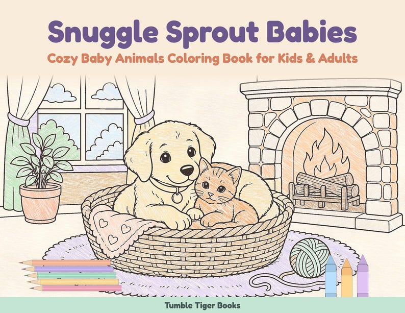 Knuffel Sprout Babies: Kleurboek met babydieren (printbaar PDF-bestand), schattige kleurplaten van bos- en boerderijdieren voor kinderen en volwassenen. afbeelding 1