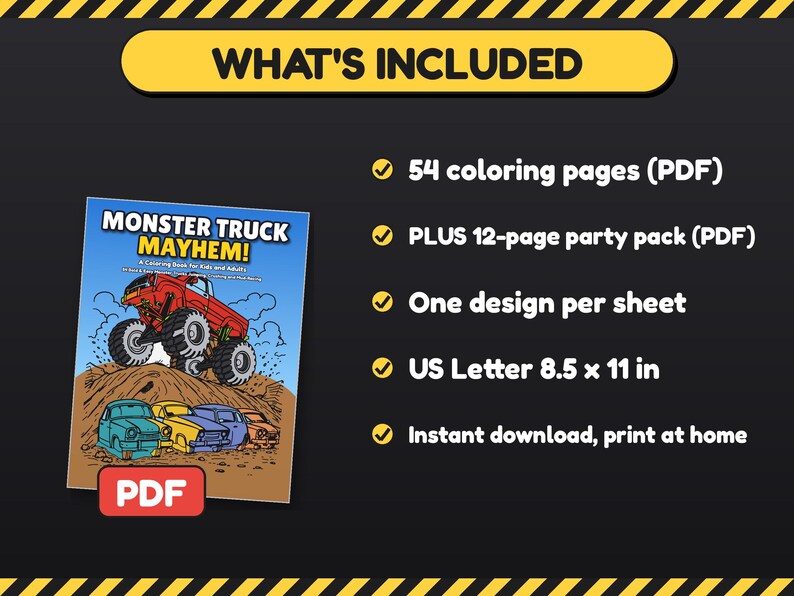 Monster Truck Mayhem! Monster Truck Coloring Pages, 54 Bold Designs for Kids 6+ & Adults, Party Pack, Printable PDF, Instant Download imagen 6