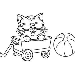 May include: A black and white line art illustration of a kitten wearing sunglasses, sitting inside a small four-wheeled wagon. Beside the wagon is a round beach ball with segmented panels. The drawing features bold outlines on a white background.