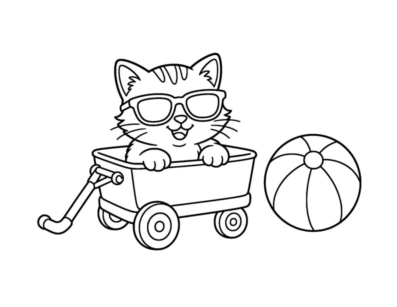 May include: A black and white line art illustration of a kitten wearing sunglasses, sitting inside a small four-wheeled wagon. Beside the wagon is a round beach ball with segmented panels. The drawing features bold outlines on a white background.