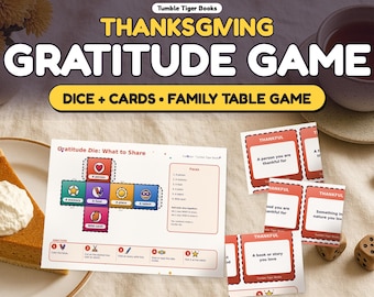 Gioco della gratitudine per il Giorno del Ringraziamento stampabile, dadi pieghevoli, 40 carte di conversazione, albero della gratitudine, gioco da tavolo per famiglie, PDF in formato A4 e US Letter