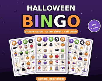 Bingo di Halloween stampabile, 50 cartelle illustrate uniche, foglio per l'estrazione e cartelle per l'estrazione, gioco per feste di Halloween, gioco per feste in classe, formato A4 e Letter