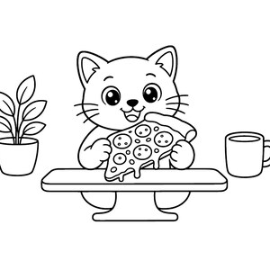 May include: A black and white line art illustration of a cat sitting at a table, holding and eating a slice of pepperoni pizza. To the left is a potted plant with four leaves, and to the right is a simple mug with a handle.