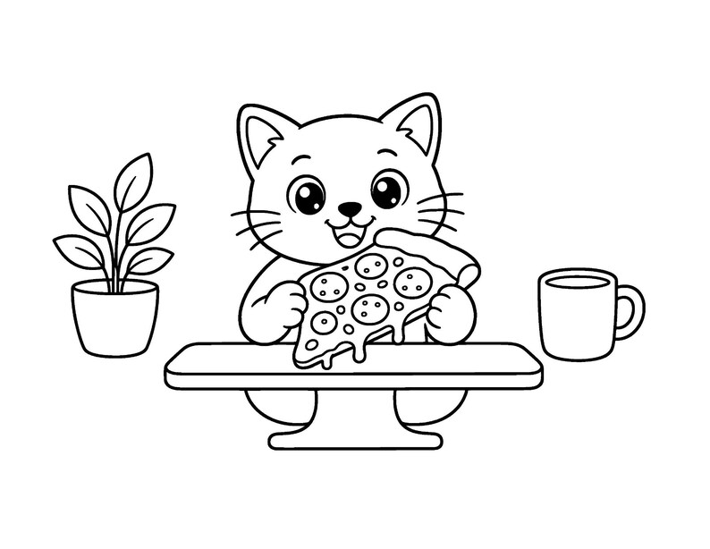 May include: A black and white line art illustration of a cat sitting at a table, holding and eating a slice of pepperoni pizza. To the left is a potted plant with four leaves, and to the right is a simple mug with a handle.