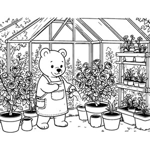 Puede incluir: Una ilustraci&oacute;n de arte lineal en blanco y negro de un oso con delantal usando una regadera para regar rosales en macetas dentro de un invernadero. La escena incluye varias plantas en macetas sobre estantes de madera.