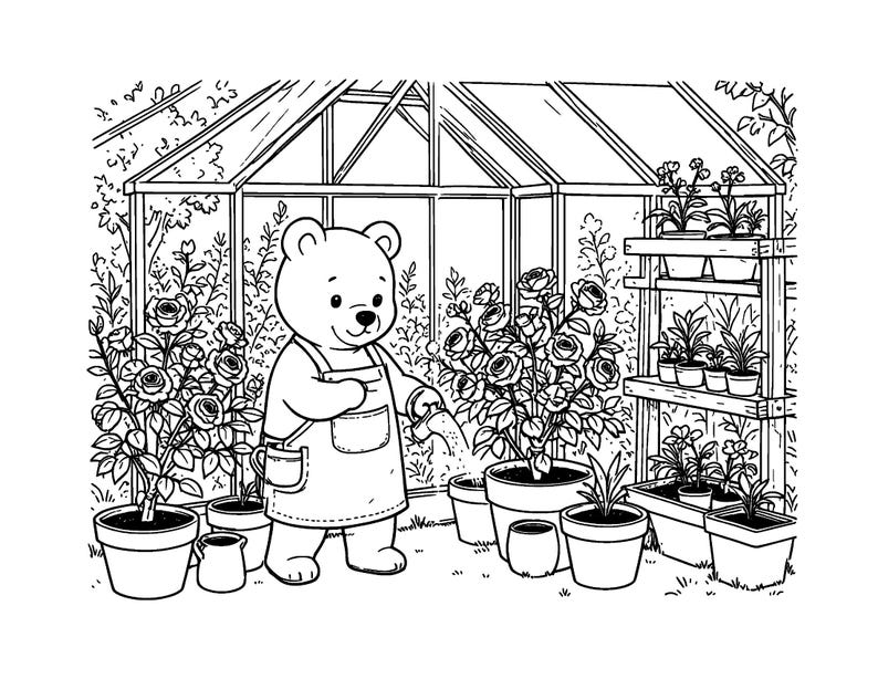 Puede incluir: Una ilustraci&oacute;n de arte lineal en blanco y negro de un oso con delantal usando una regadera para regar rosales en macetas dentro de un invernadero. La escena incluye varias plantas en macetas sobre estantes de madera.
