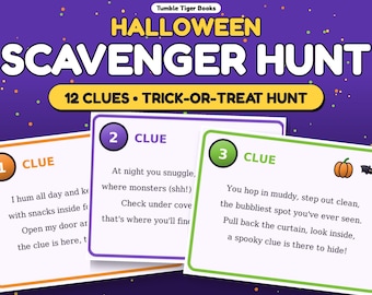 Caccia al tesoro di Halloween stampabile, carte indizio in rima per interni, indizi illustrati, carte rivelazione dolcetto, foglio risposte, gioco per feste di Halloween