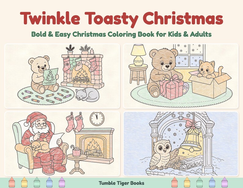 Twinkle Toasty Christmas: Christmas Coloring Book Printable PDF, Holiday Coloring Pages for Kids & Adults, Santa, Instant Download image 2