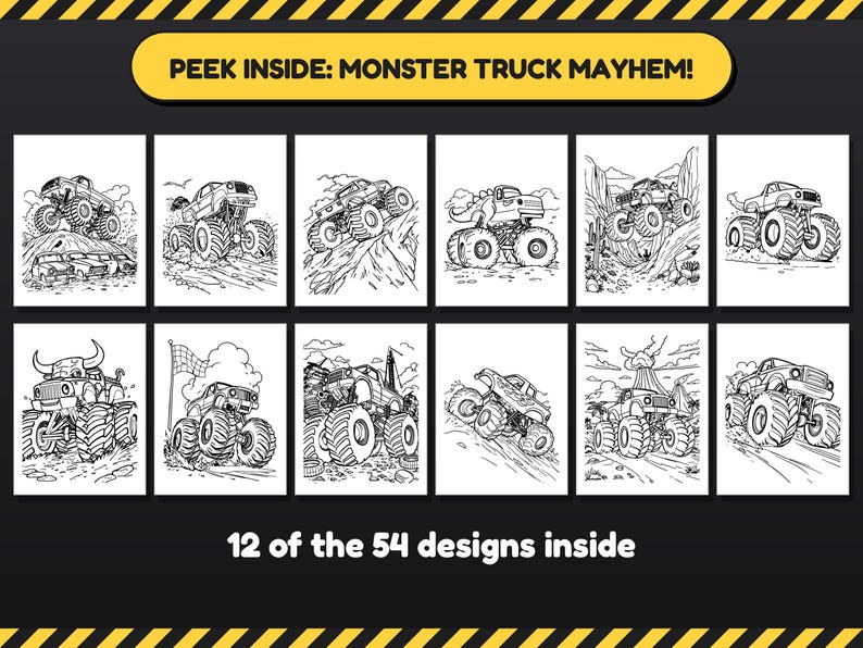 Monster Truck Mayhem! Monster Truck Coloring Pages, 54 Bold Designs for Kids 6+ & Adults, Party Pack, Printable PDF, Instant Download imagen 3