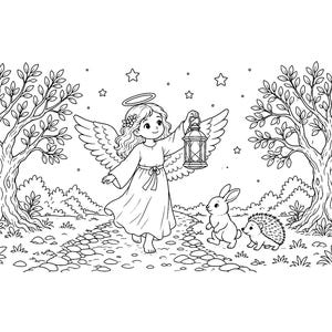 May include: A black and white line art coloring page featuring an angel with wings and a halo holding a lantern while walking on a stone path. A rabbit and a hedgehog stand nearby in a forest setting with two large trees and stars above.