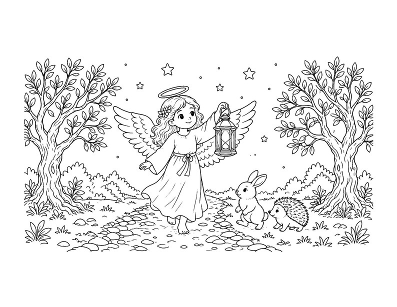 May include: A black and white line art coloring page featuring an angel with wings and a halo holding a lantern while walking on a stone path. A rabbit and a hedgehog stand nearby in a forest setting with two large trees and stars above.