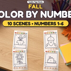 Fall Color by Number Printable, 10 Scarecrow and Autumn Scenes, Numbers 1 to 6, Kindergarten and Preschool Classroom Coloring Pages