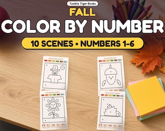 Disegni autunnali da colorare con i numeri, 10 scene autunnali con spaventapasseri per bambini, numeri da 1 a 6, per la classe, PDF stampabile