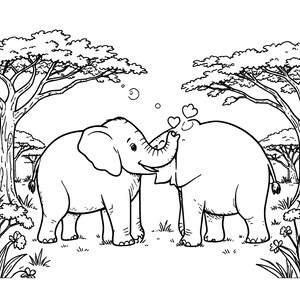 Puede incluir: Una ilustraci&oacute;n de arte lineal en blanco y negro que muestra a dos elefantes frente a frente en un paisaje de sabana con acacias, hierba y flores. Los elefantes se tocan las trompas con peque&ntilde;os corazones flotando arriba.